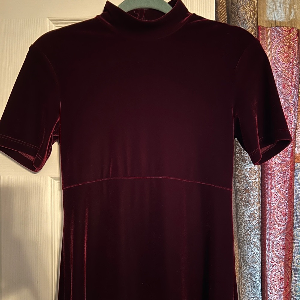 Burgundy Velvet short sleeve, band collar dress